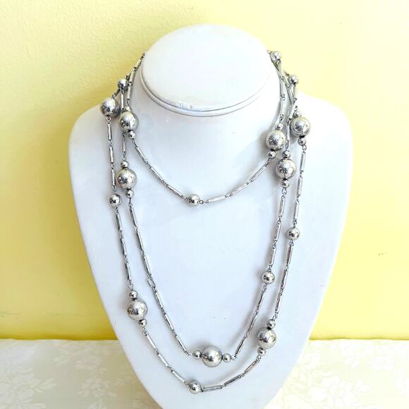 Vintage Silver Tone Bead Ball Link Long / Layered Chain Necklace, Sphere Fashion - Picture 4 of 12